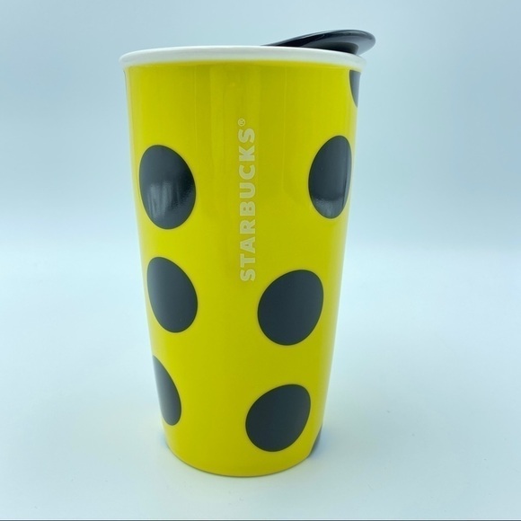Starbucks Coffee 2015 12oz Yellow Black Polka Dot Ceramic Travel Tumbler Mug - Picture 2 of 6